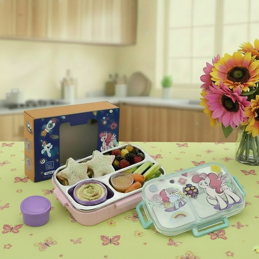 AM7372 JC Kids’ Stainless Steel 3-Compartment Insulated Lunch Box with Unicorn Theme