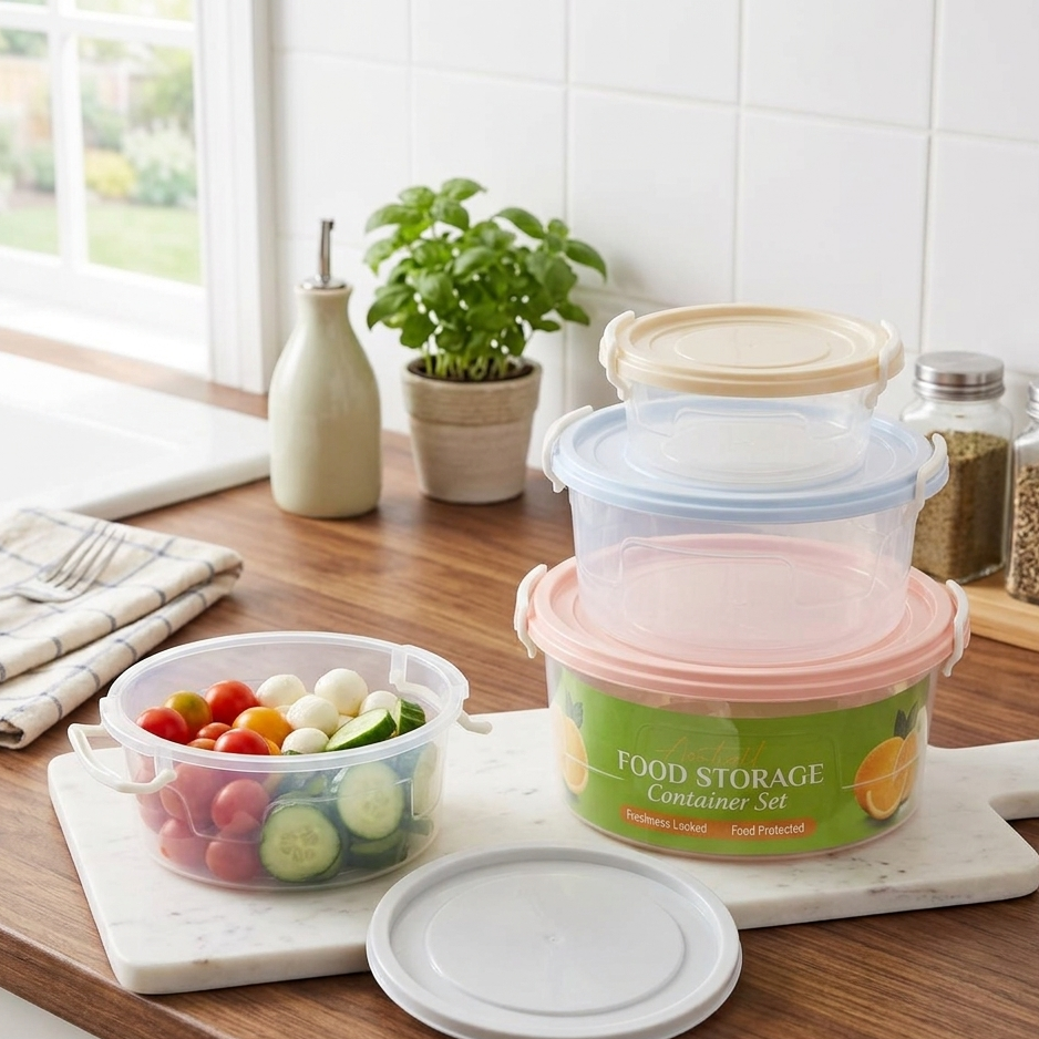 A06493 4-Piece Airtight Round Food Storage Container Set with Pastel Lids (Multi-Size, Stackable)