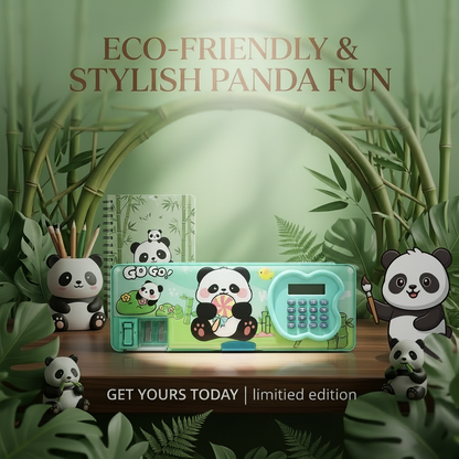 AM7376 Panda Theme Multi-Functional Magnetic Pencil Case with Integrated Calculator & Dual Sharpener