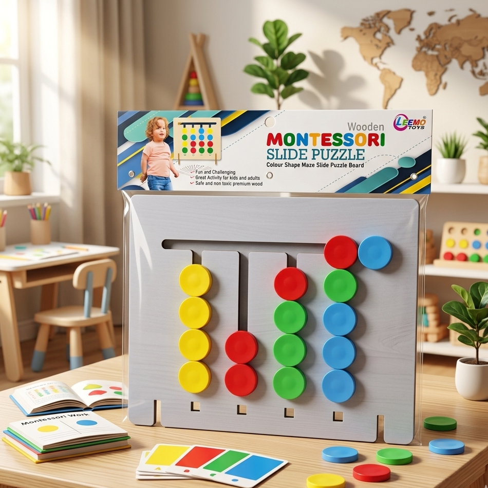 AM7061 Leemo Toys Wooden Montessori Slide Puzzle – Colour & Shape Maze Board