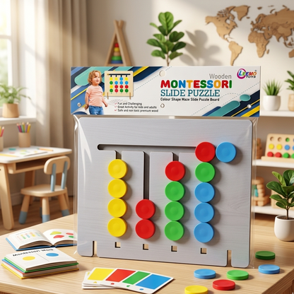AM7061 Leemo Toys Wooden Montessori Slide Puzzle – Colour & Shape Maze Board