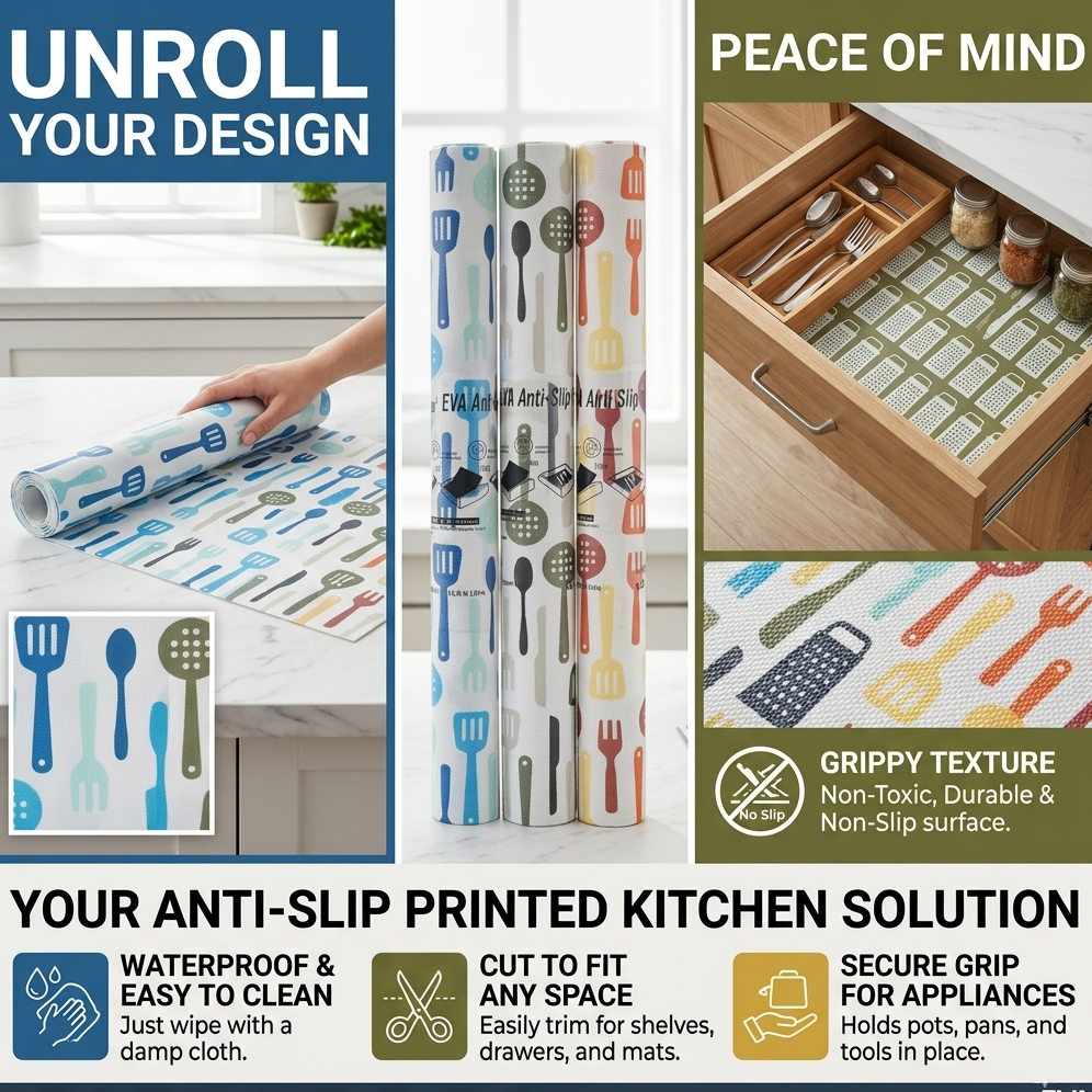 AM7641 Shuangyou Waterproof EVA Anti Slip Printed Kitchen Mat Drawer Liner Roll, 45x125 cm