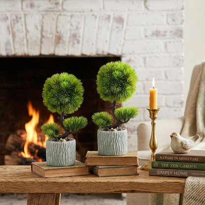 AM7449 Mini Artificial Pine Bonsai in Textured Stone-Style Pot