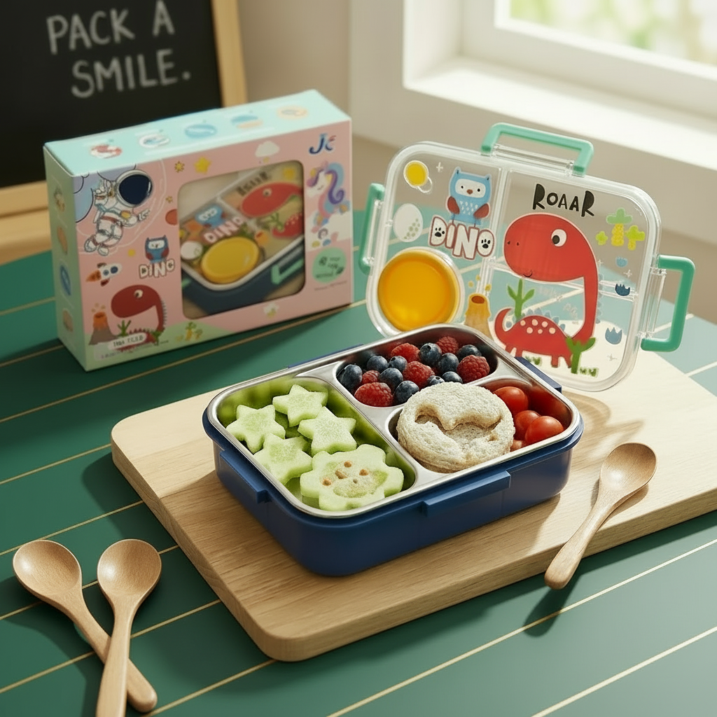 AM7371 Dino-Themed Multi-Compartment Kids' Lunch Box with Stainless Steel Interior and Insulated Soup Bowl