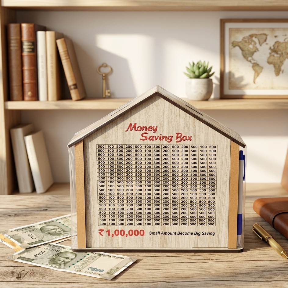 AM7062 House-Shaped Wooden Money Saving Box with ₹1,00,000 Savings Goal Tracker