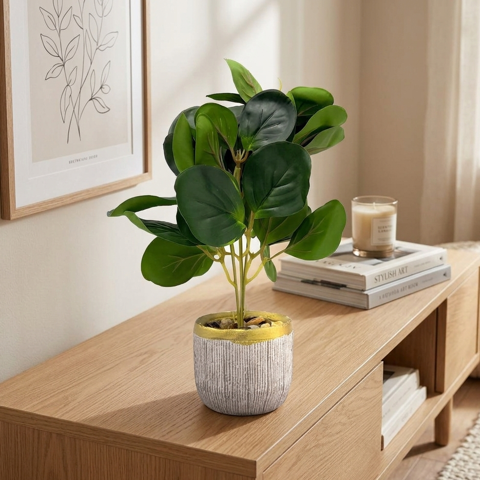 AM7453 Artificial Eucalyptus Money Plant in Gold-Rimmed Textured Pot