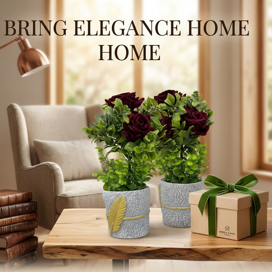 AM7452 Artificial Dark Red Rose & Mixed Greenery in Golden Feather Textured Pot
