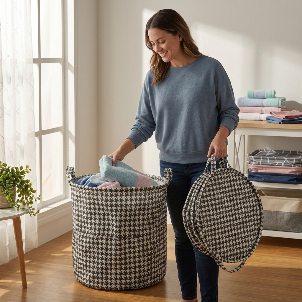 AM7718 FOLDABLE LAUNDRY BASKET CLOTHES STORAGE ORGANIZER WITH LID MEASURING 35 BY 35 CM