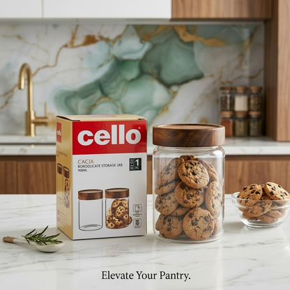 AM7438 Cello Cacia Borosilicate Glass Storage Jar with Wooden Lid, 900ml