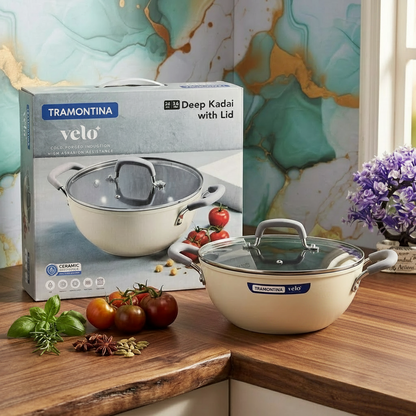 AM7386 Tramontina Velo Forged Deep Kadai with Glass Lid - 24 cm (Sand)
