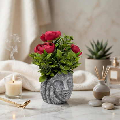 AM7451 Artificial Red Rose Plant in Meditating Face Decorative Resin Pot