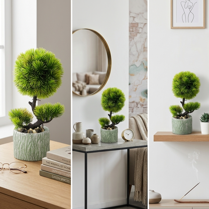 AM7449 Mini Artificial Pine Bonsai in Textured Stone-Style Pot