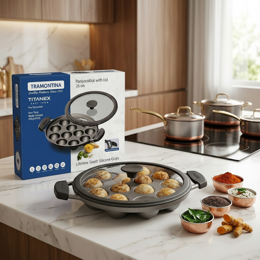 AM7403 Tramontina TITANEX Pre-Seasoned Cast Iron Paniyarakkal with Lid, 26 cm