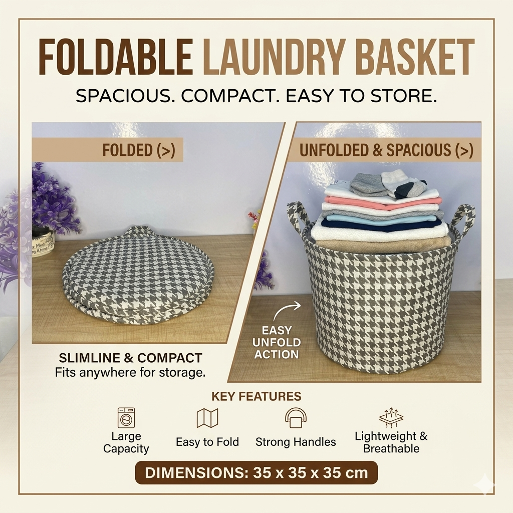 AM7718 FOLDABLE LAUNDRY BASKET CLOTHES STORAGE ORGANIZER WITH LID MEASURING 35 BY 35 CM