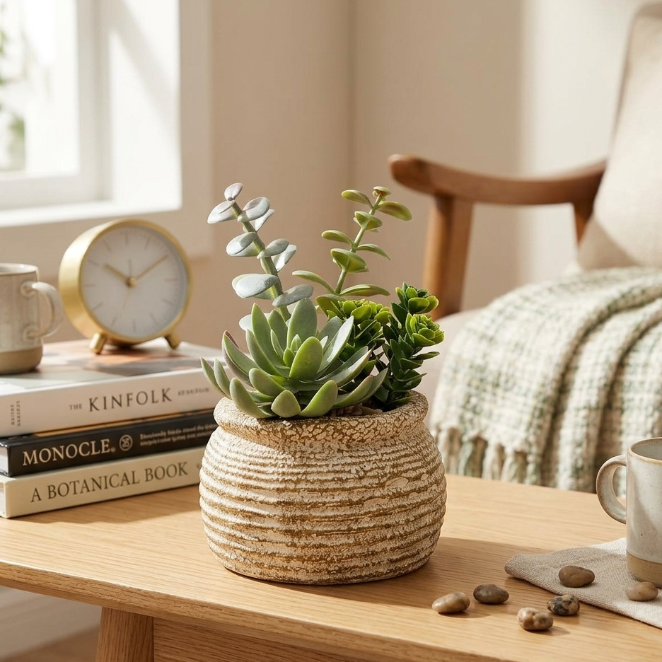 AM7448 Mini Faux Succulent Arrangement in Rustic Ribbed Ceramic Pot
