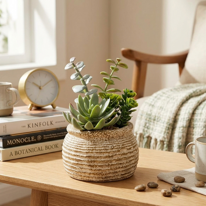 AM7448 Mini Faux Succulent Arrangement in Rustic Ribbed Ceramic Pot