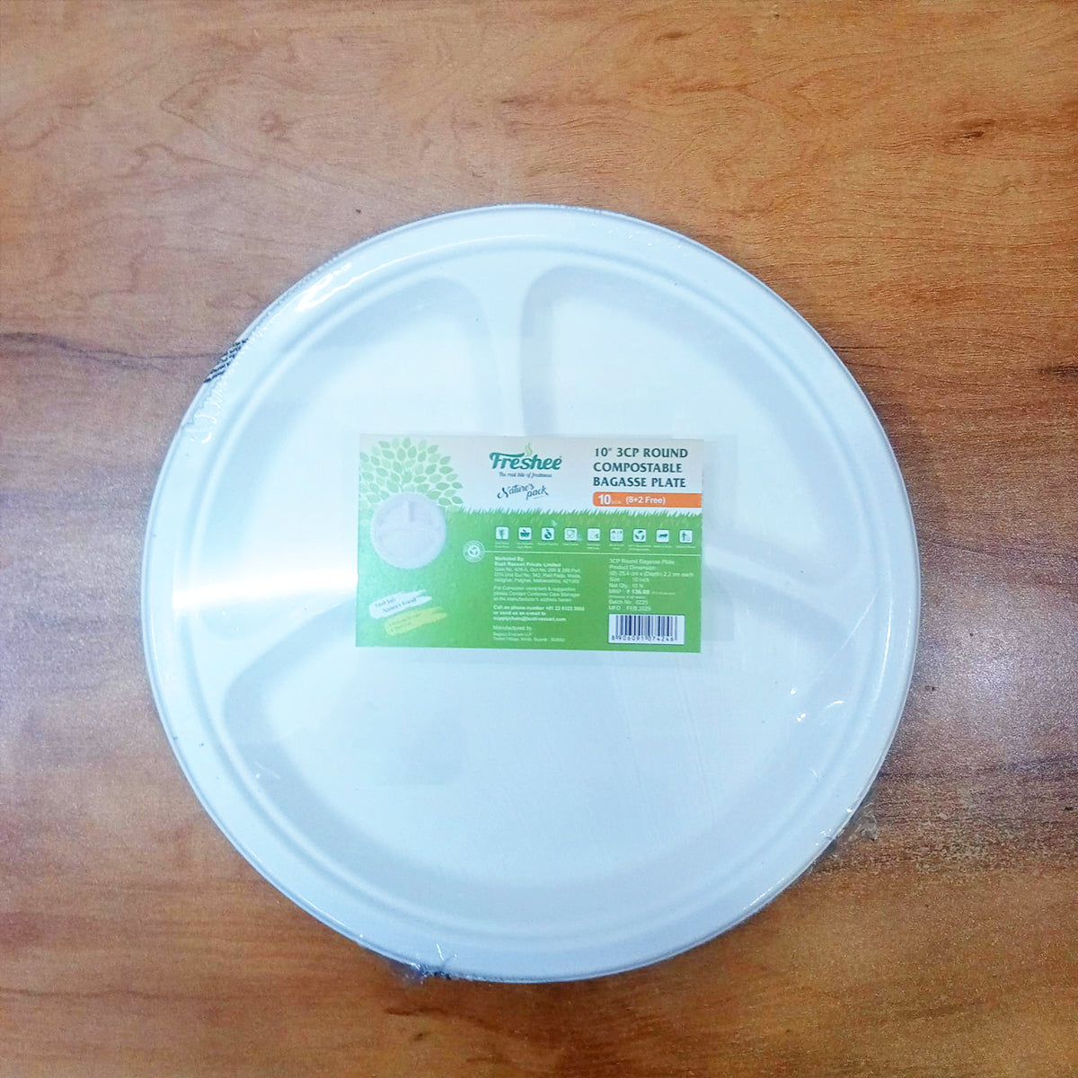 AM5735 Freshee Compostable 3 Compartment 10 inch Round Plates (Pack of 10)