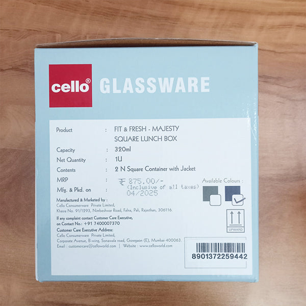 AM5457 Cello Majesty Square Glass Lunch Box 320ml x 2 N with Vertical Jacket (Pack of 2Pc)