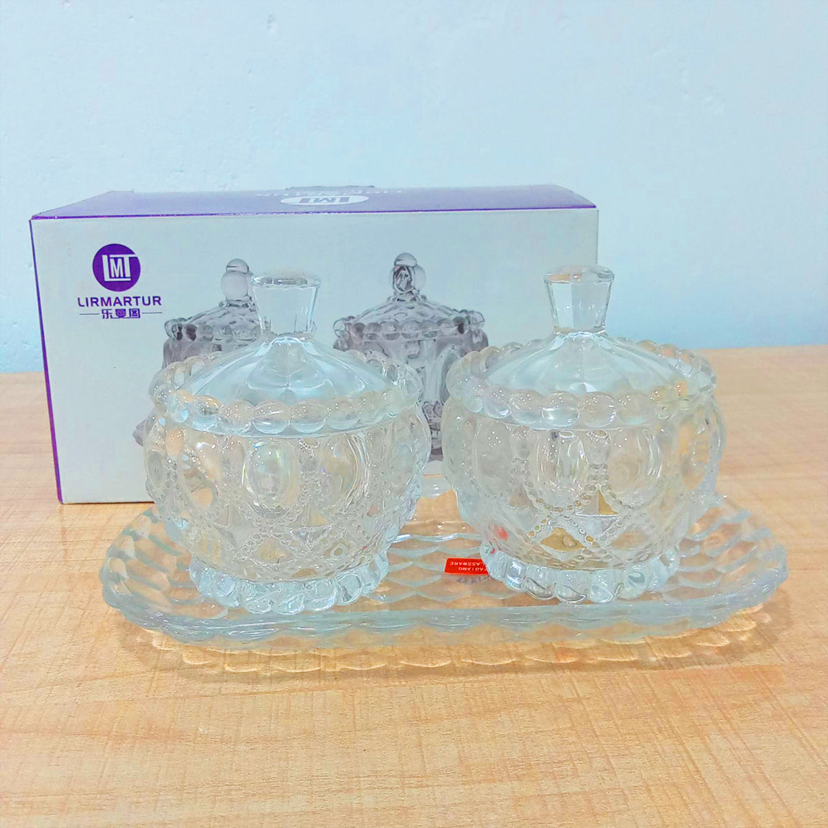 AM5971 Vintage Style Crystal Glass Candy Sugar jar Serving Bowl with Tray, Clear - Set of 3 Pcs