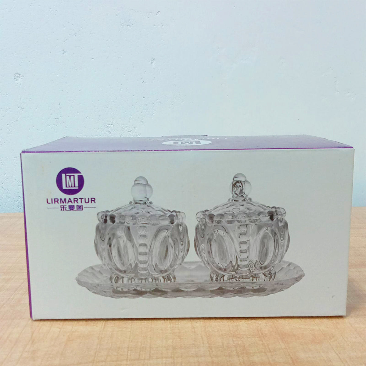 AM5971 Vintage Style Crystal Glass Candy Sugar jar Serving Bowl with Tray, Clear - Set of 3 Pcs