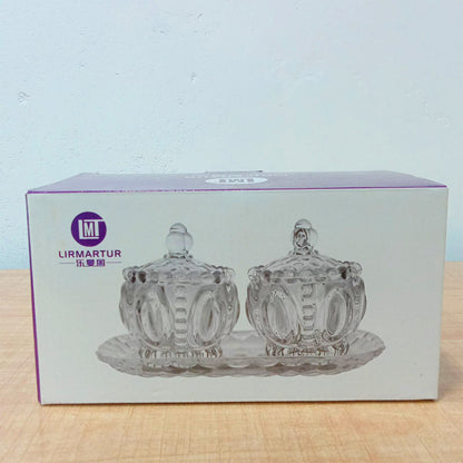 AM5971 Vintage Style Crystal Glass Candy Sugar jar Serving Bowl with Tray, Clear - Set of 3 Pcs