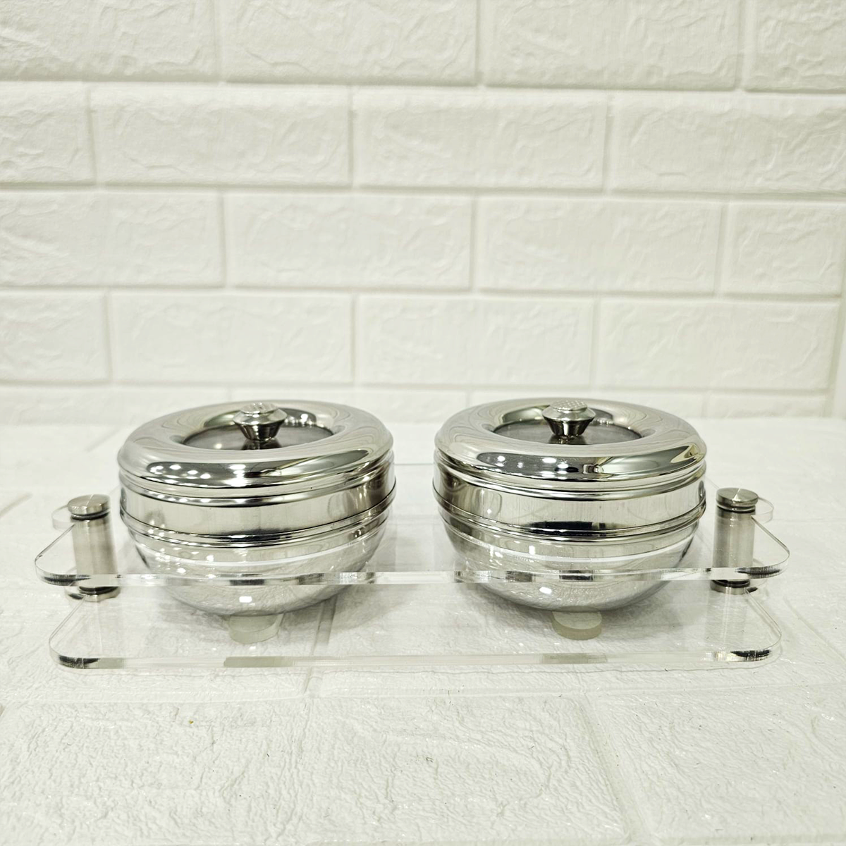 AM6003 Madhuram Stainless Steel Dry Fruit Set – 2 Pcs with Transparent Acrylic Stand