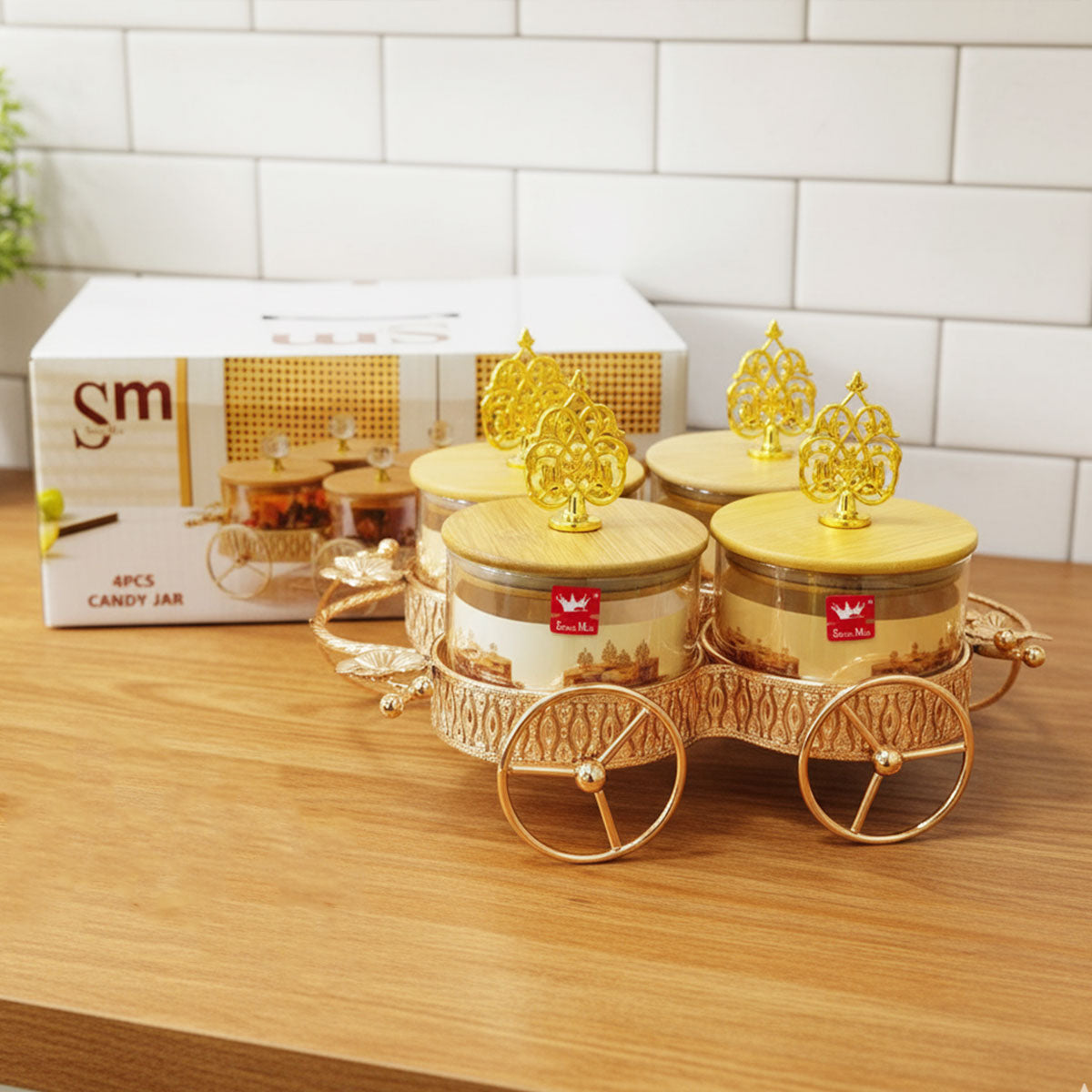 AM6271 Luxury Candy Jar Set 4 Pcs With Golden Cart Stand