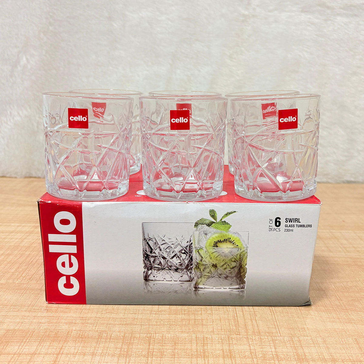 AM6594 Cello Swirl Glass Tumbler Set, 230ml (Set of 6)