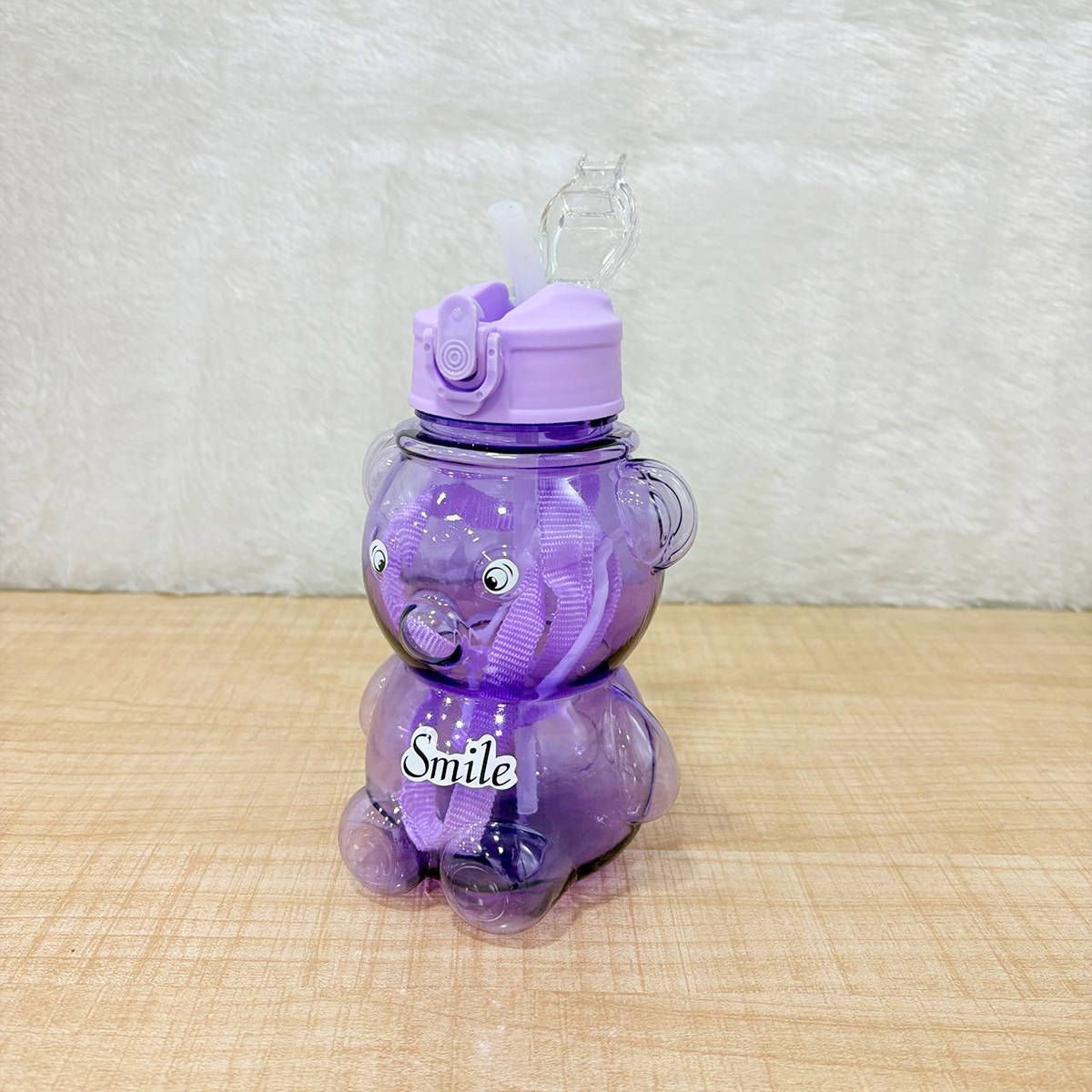 AM6665 Cute Teddy Bear Water Bottle with Straw and Adjustable Shoulder Strap - 1pc