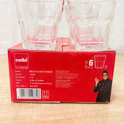 AM2602 Cello Bello Glass Tumbler Set, 155ml, Set of 6