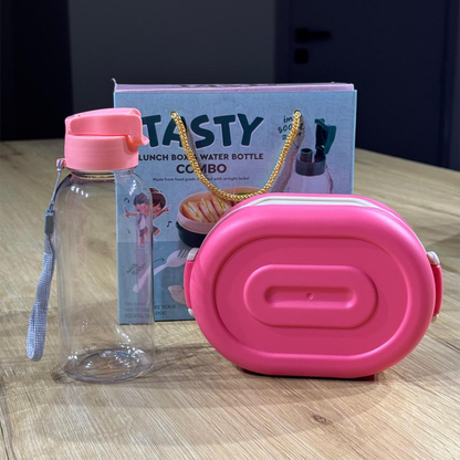 AM6659 Tasty Lunch Box Set with Water Bottle, 2 Compartments, Leak-Proof Design (Multicolour)