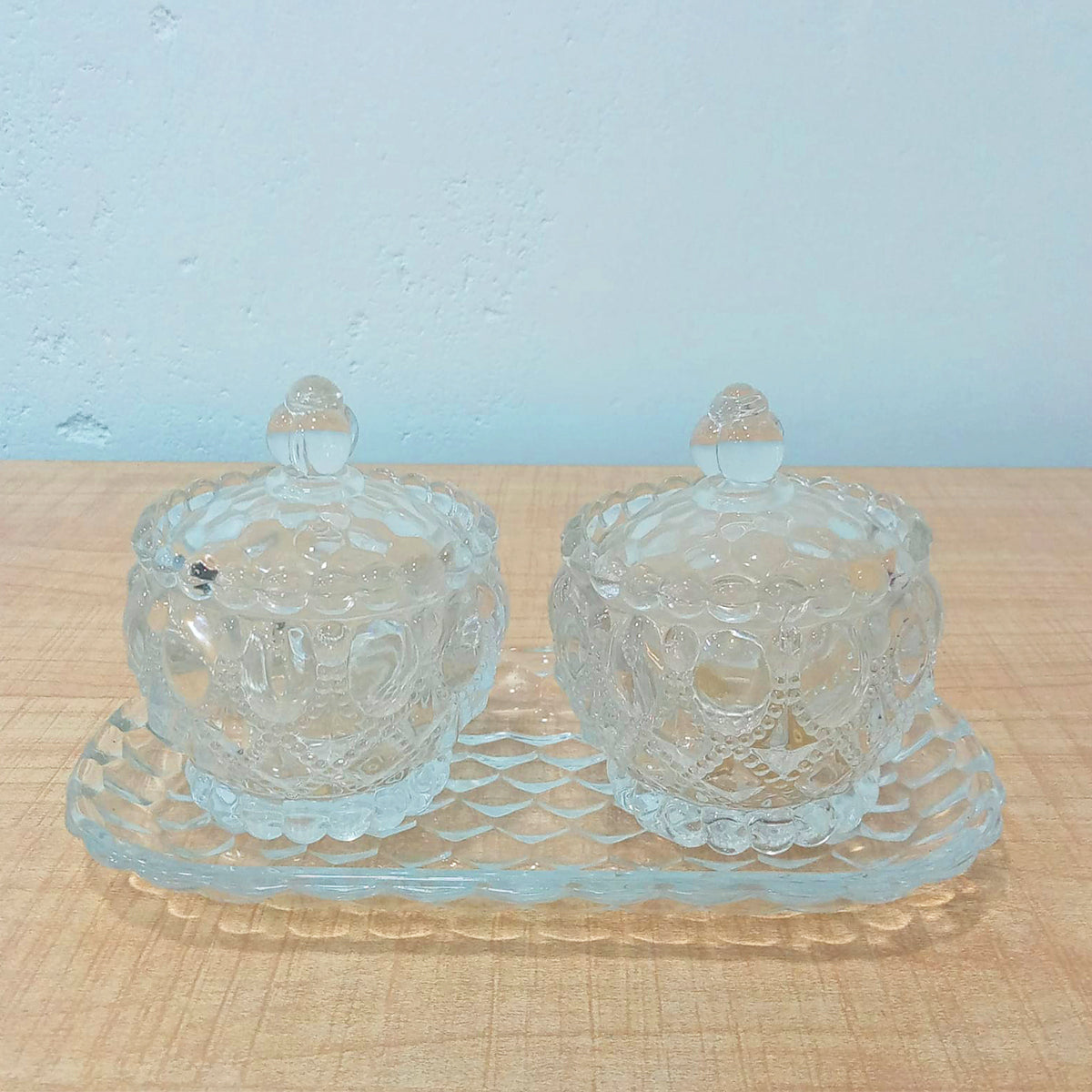 AM5971 Vintage Style Crystal Glass Candy Sugar jar Serving Bowl with Tray, Clear - Set of 3 Pcs