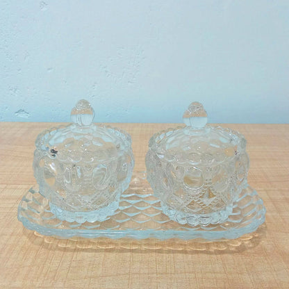 AM5971 Vintage Style Crystal Glass Candy Sugar jar Serving Bowl with Tray, Clear - Set of 3 Pcs