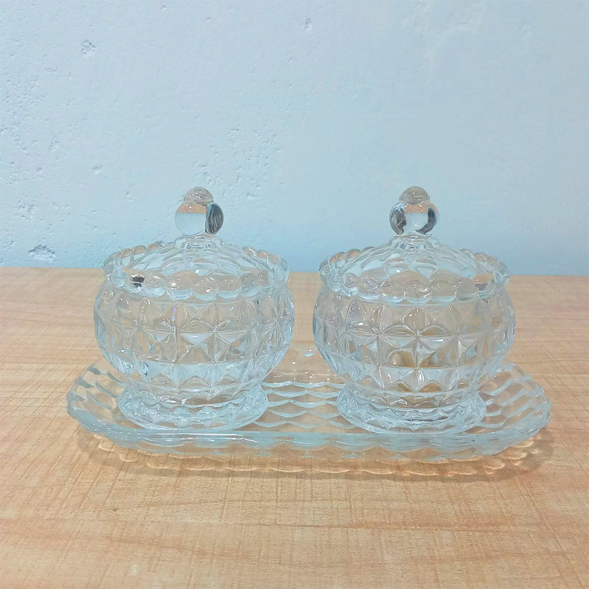 AM5971 Vintage Style Crystal Glass Candy Sugar jar Serving Bowl with Tray, Clear - Set of 3 Pcs