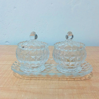 AM5971 Vintage Style Crystal Glass Candy Sugar jar Serving Bowl with Tray, Clear - Set of 3 Pcs