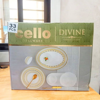 AM5753 Cello Opalware Divine Infinity Dinner Set, 33 Units | Microwave & Dishwasher Safe | Light-Weight & Thermal Resistant | Crockery Set for Dining & Gifting