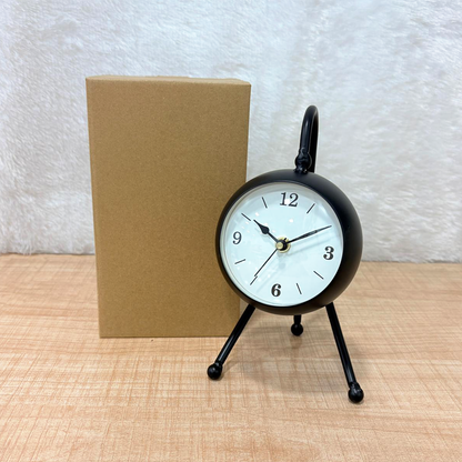 TM0108 Vintage-Style Black Metal Round Table Clock with Tripod Stand - Pack of 1