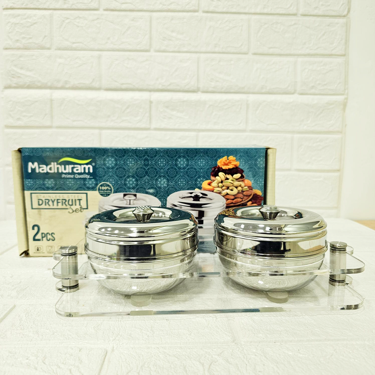 AM6003 Madhuram Stainless Steel Dry Fruit Set – 2 Pcs with Transparent Acrylic Stand