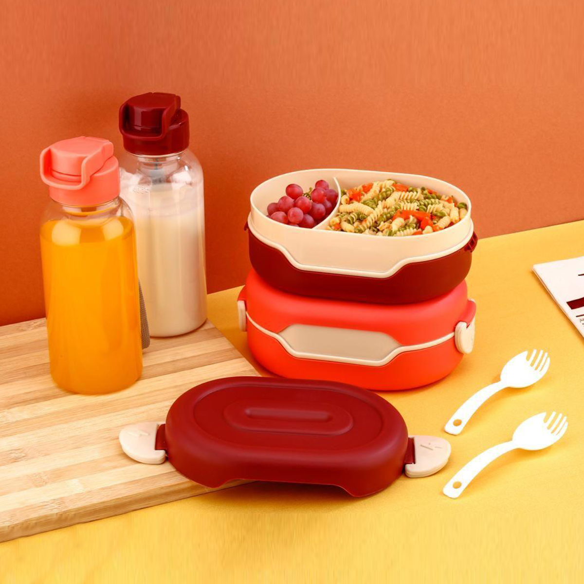 AM6659 Tasty Lunch Box Set with Water Bottle, 2 Compartments, Leak-Proof Design (Multicolour)