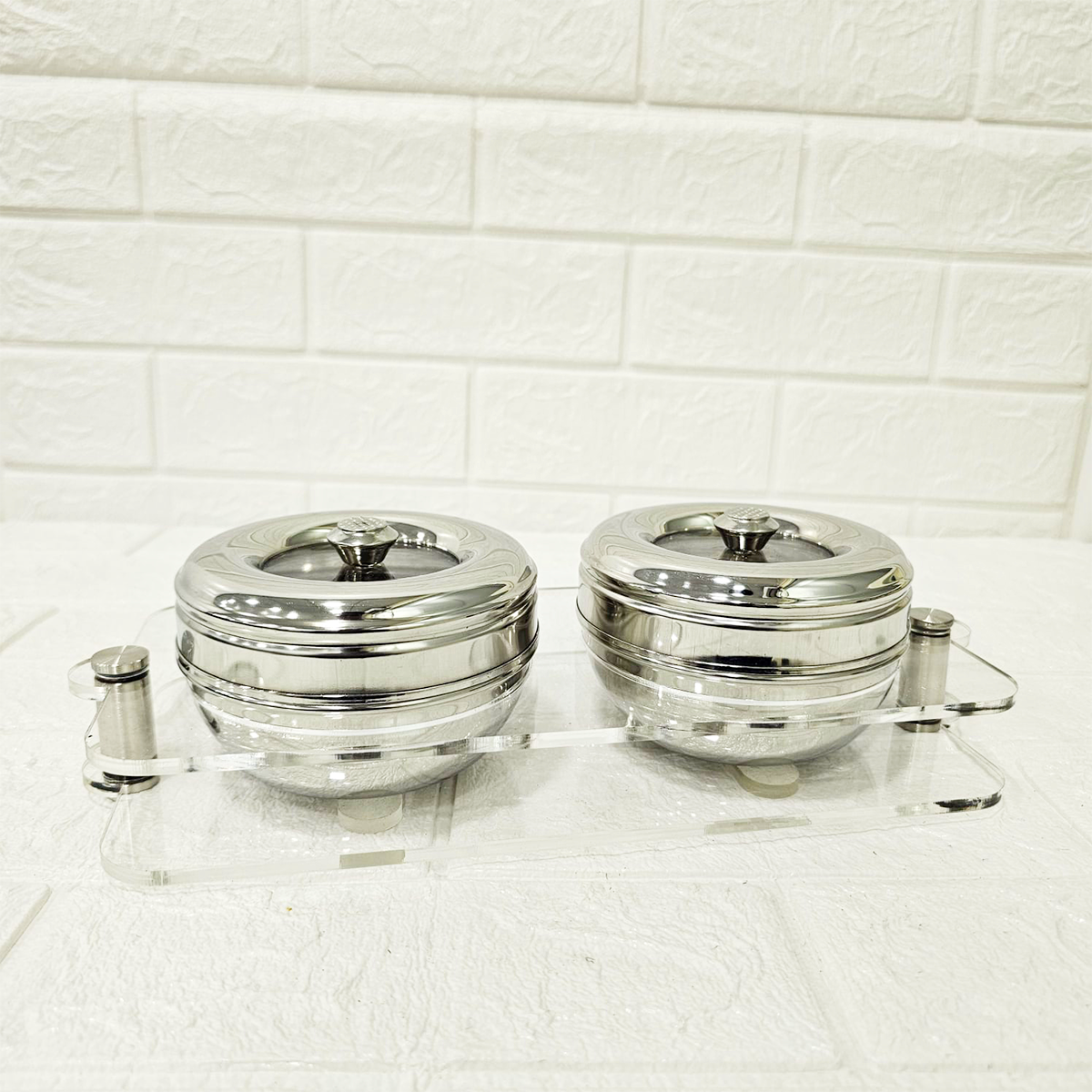 AM6003 Madhuram Stainless Steel Dry Fruit Set – 2 Pcs with Transparent Acrylic Stand