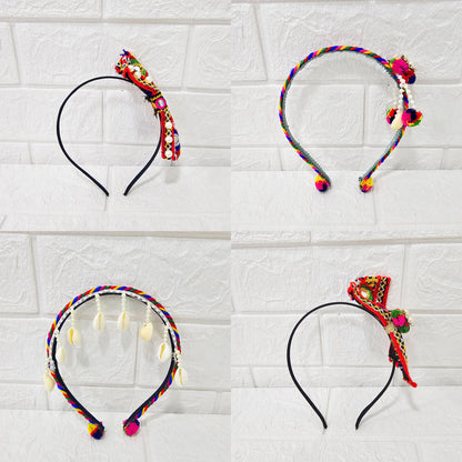 Di0042 Navratri MIx Design Colorful Braided Hairband with Cowrie Shells & Pom-Pom Ends
