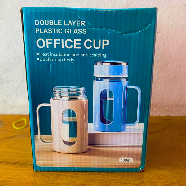 AM5361 Double Wall Glass Mug with Lid-500ml with Plastic Protection and Transparent Window, Handle, and Strainer for Home and Office (Multicolor)