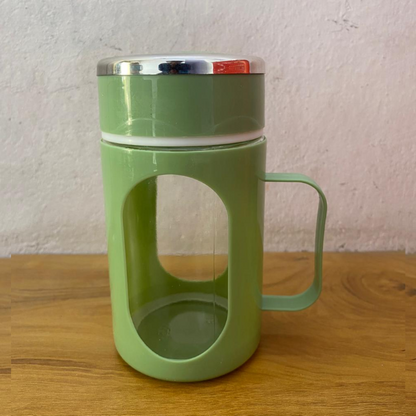AM5361 Double Wall Glass Mug with Lid-500ml with Plastic Protection and Transparent Window, Handle, and Strainer for Home and Office (Multicolor)