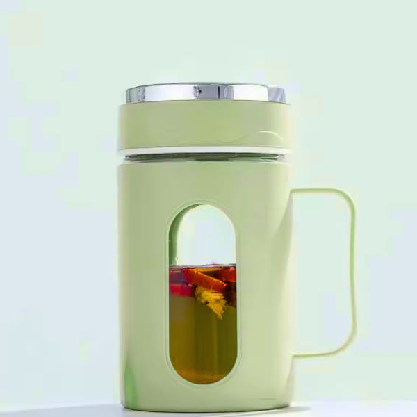 AM5361 Double Wall Glass Mug with Lid-500ml with Plastic Protection and Transparent Window, Handle, and Strainer for Home and Office (Multicolor)