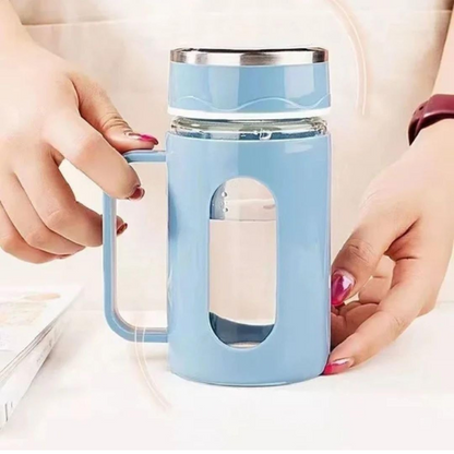 AM5361 Double Wall Glass Mug with Lid-500ml with Plastic Protection and Transparent Window, Handle, and Strainer for Home and Office (Multicolor)