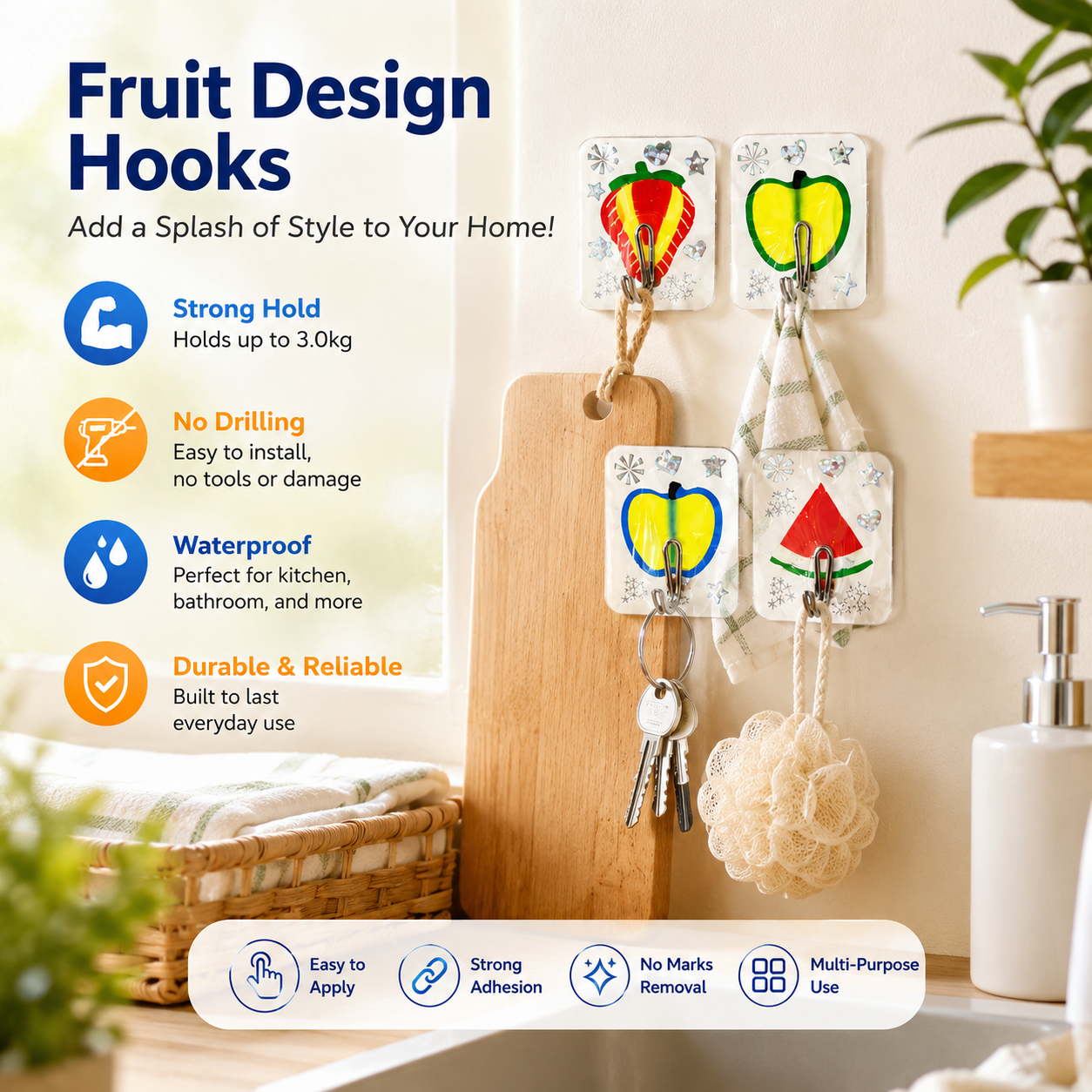 AM6360 Mix Fruit Design Heavy Duty Sticky Hooks (Pack of 6)