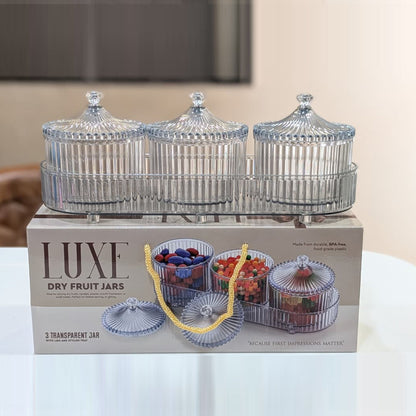 Di0362 LUXE Dry Fruit Transparent 3pc Jar with Lids & Stylish Tray (Mix Colour)