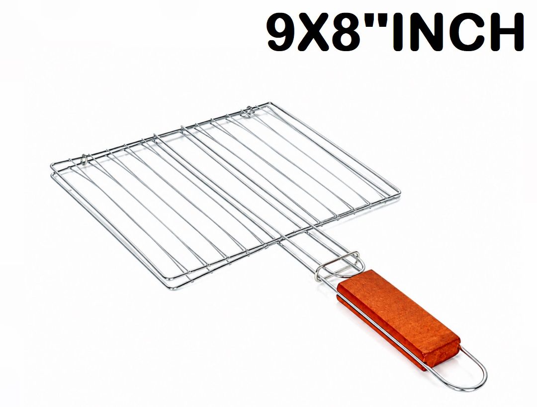 A07046 Stainless Steel Barbecue Roaster Basket Net with Wooden Handle (9 x 8 Inch)