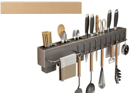 A07045 Wall-Mounted Steel Kitchen Organizer Rack with Knife Holder, Hooks & Cutlery Caddy