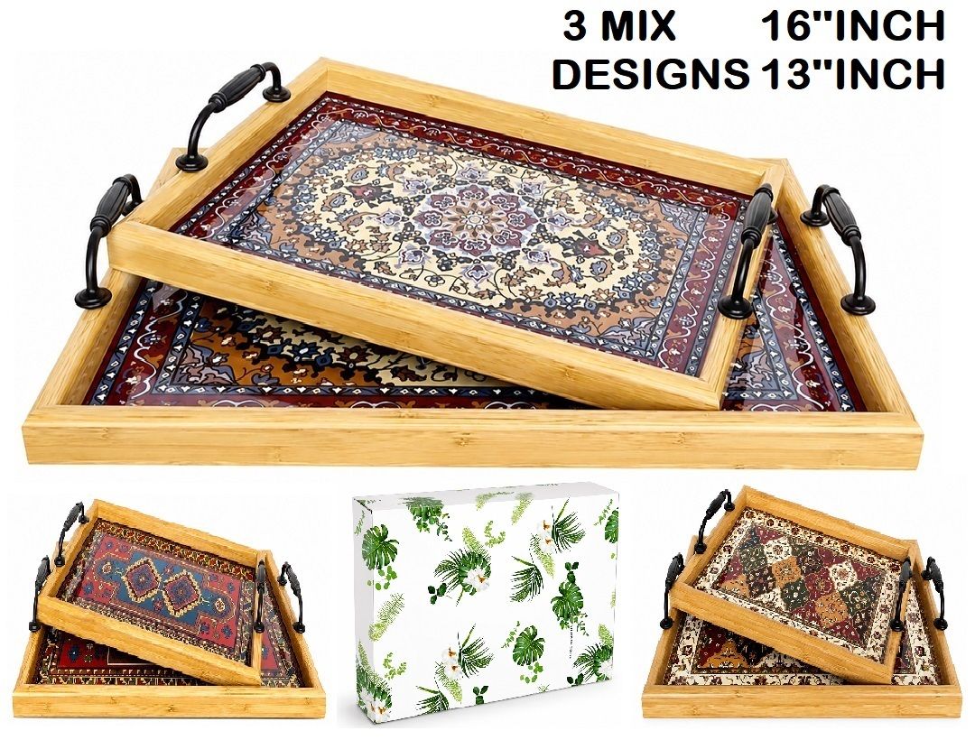A07059 2-Piece Wooden Serving Tray Set with Metal Handles & Gift Box